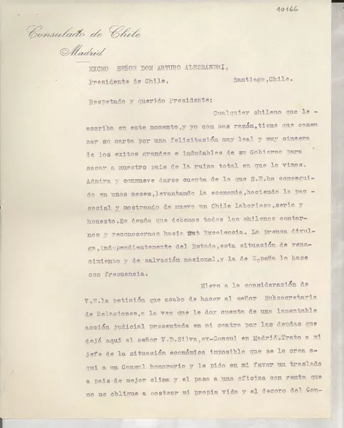 [Carta] 1934 mar. 28, Madrid, [España] [a] Arturo Alessandri, Santiago, Chile  [manuscrito] [Gabriela Mistral].