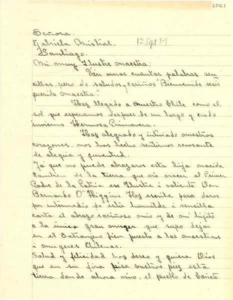 [Carta] 1954 sept. 12, Cañete, [Chile] [a] Gabriela Mistral, Santiago, [Chile]  [manuscrito] Sara Palma de Pacheco.