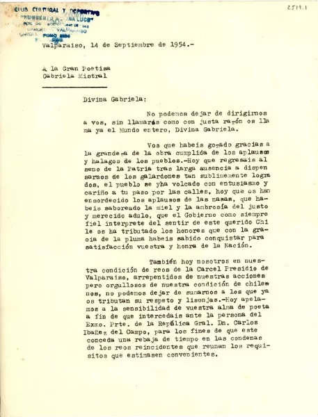 [Carta] 1954 sept. 14, Valparaíso, [Chile] [a] Gabriela Mistral  [manuscrito] Nibaldo Antonio Aránguiz Rojas ... [et al.].