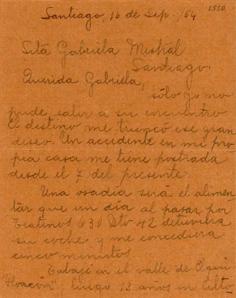 [Carta] 1954 sept. 16, Santiago, [Chile] [a] Gabriela Mistral, Santiago, [Chile]  [manuscrito] Nilde León H.