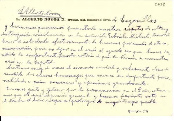[Tarjeta] 1954 sep. 9, Lagunillas, [Chile a] Gabriela Mistral  [manuscrito] L. Alberto Novoa N.