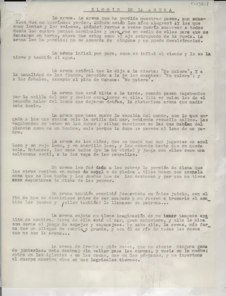 Elogio de la arena  [manuscrito] Gabriela Mistral.
