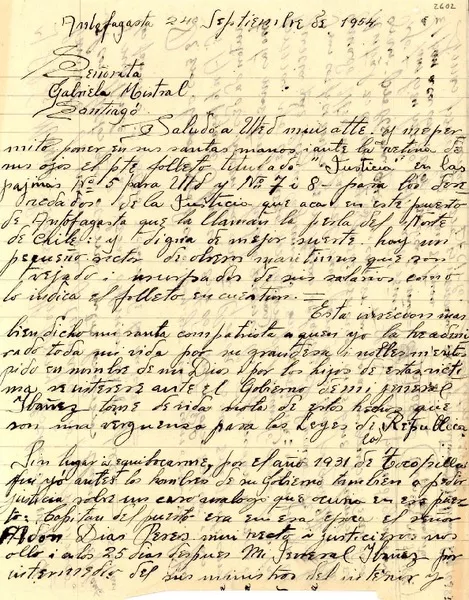 [Carta] 1954 sept. 24, Antofagasta, [Chile] [a] Gabriela Mistral, Santiago, [Chile]  [manuscrito] L. Noel C.