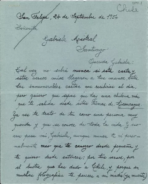 [Carta] 1954 sept. 24, San Felipe [a] Gabriela Mistral, Santiago  [manuscrito] María Haramboure Doniez.