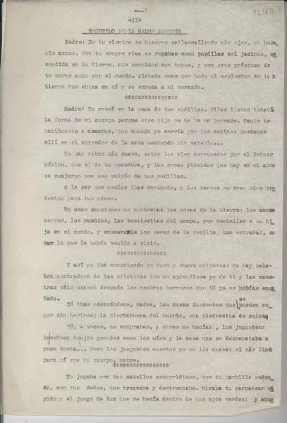 Recuerdo de la madre ausente  [manuscrito] Gabriela Mistral.