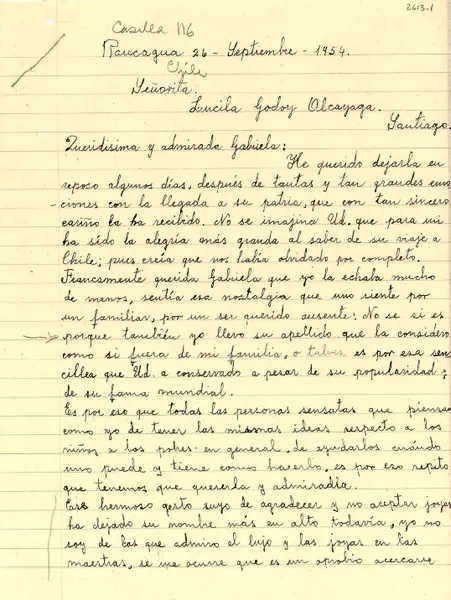 [Carta] 1954 sept. 26, Rancagua [a] Lucila Godoy Alcayaga, Santiago, [Chile]  [manuscrito] Nena Godoy Urzúa v. de Urzúa.