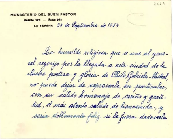 [Tarjeta] 1954 sept. 30, La Serena [a] Gabriela Mistral  [manuscrito] María de Lourdes Peralta.
