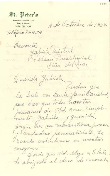 [Carta] 1954 oct. 4, Viña del Mar, [Chile] [a] Gabriela Mistral, Palacio Presidencial, Viña del Mar, [Chile]  [manuscrito] Mary Cook de Wilkins.
