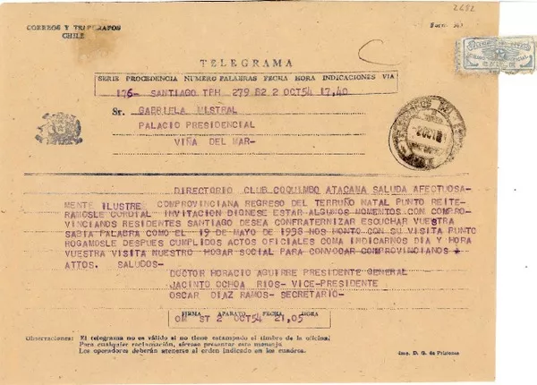 [Telegrama] 1954 oct. 2, Santiago [a] Gabriela Mistral  [manuscrito] Horacio Aguirre.