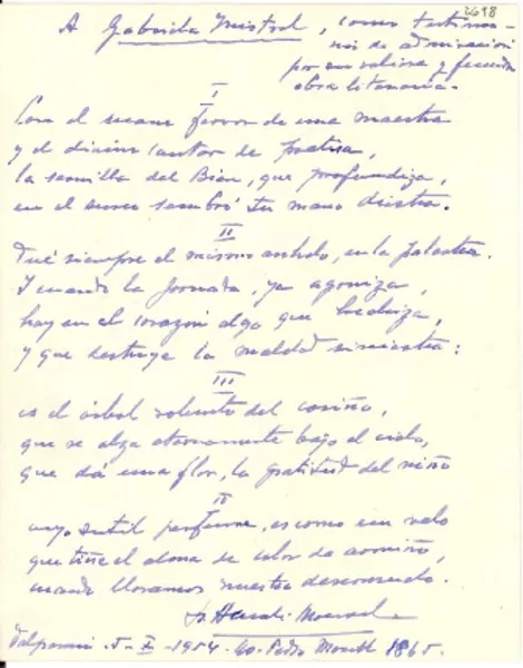 A Gabriela Mistral  [manuscrito] De un admirador.