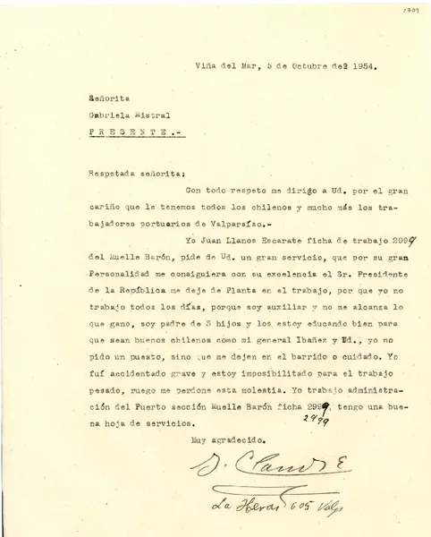 [Carta] 1954 oct. 5, Viña del Mar [a] Gabriela Mistral  [manuscrito] Juan Llanos Escárate.