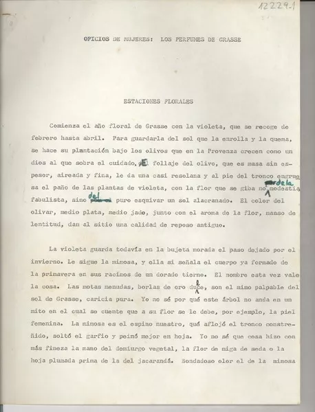 Oficios de mujeres : Los perfumes de Grasse [manuscrito] [Gabriela Mistral].
