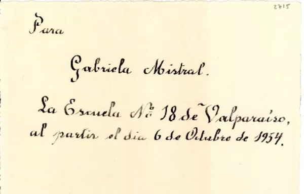 [Tarjeta] 1954 oct. 6, Valparaíso [a] Gabriela Mistral  [manuscrito] Clara Mardones Guillón.