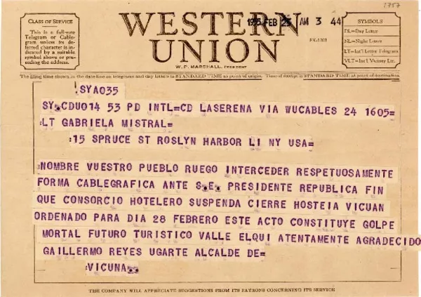 [Telegrama] 1955 feb. 25, La Serena [a] Gabriela Mistral, Nueva York, EE.UU  [manuscrito] Guillermo Reyes Ugarte.