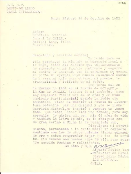 [Carta] 1955 oct. 26, Santa Bárbara, [Chile] [a] Gabriela Mistral, Nueva York, [EE.UU.]  [manuscrito] Alberto Butler Vega.