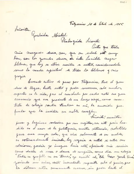 [Carta] 1955 abr. 14, Valparaíso [a] Gabriela Mistral  [manuscrito] Mercedes Aravena Acevedo.