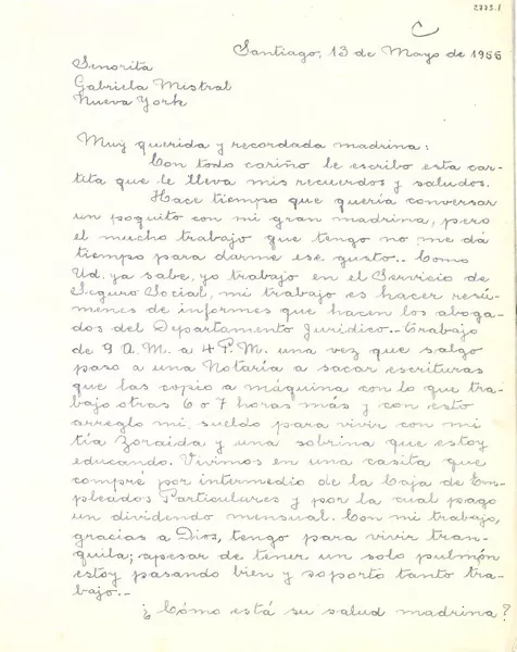 [Carta] 1955 mayo. 13, Santiago, Chile [a] Gabriela Mistral  [manuscrito] Hilda Guerrero Valdés.