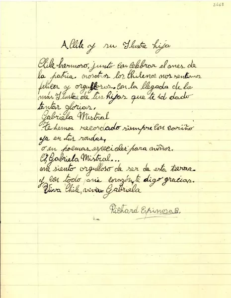 [Carta] 1954 sept., [Chile] [a] Gabriela Mistral  [manuscrito] Richard Espinosa.