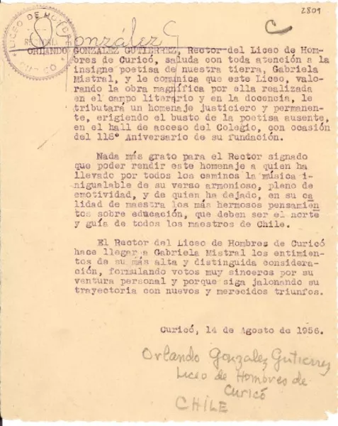 [Carta] 1956 ago. 14, Curicó, Chile [a] Gabriela Mistral  [manuscrito] Orlando González Gutiérrez.
