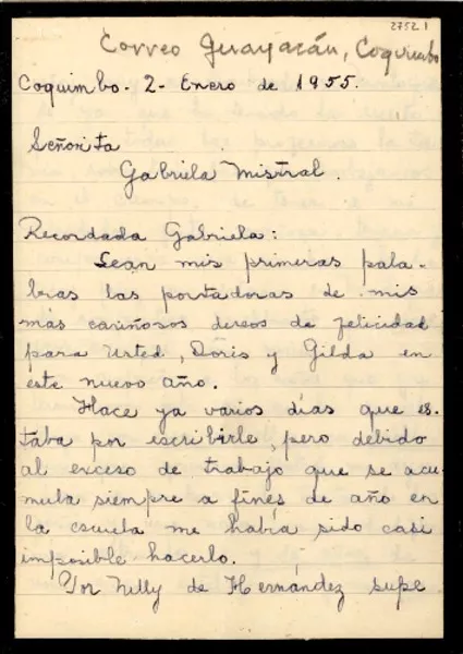 [Carta] 1955 ene. 2, Coquimbo [a] Gabriela Mistral  [manuscrito] Violeta Rosales R.