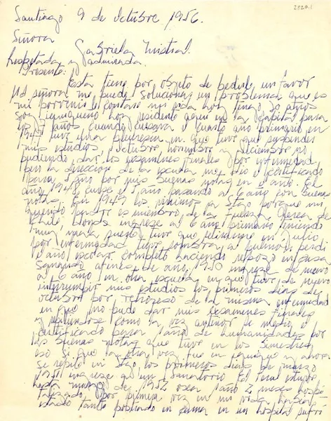 [Carta] 1956 oct., Santiago [a] Gabriela Mistral, New York  [manuscrito] Jovita Moreno Parra.