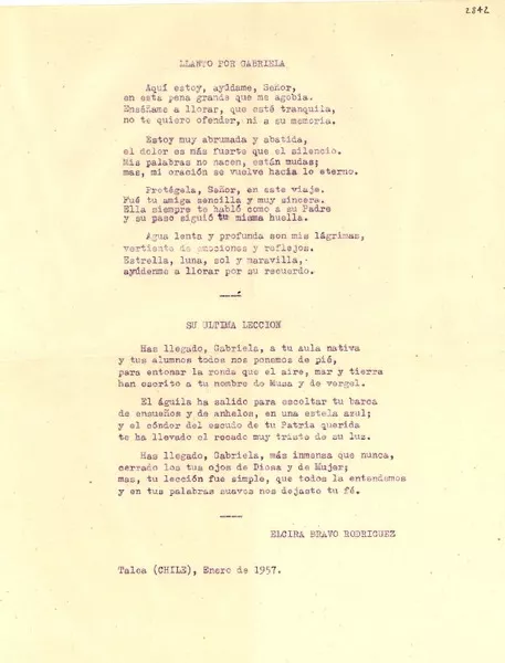 [Carta] 1957 ene., Talca [a] Gabriela Mistral  [manuscrito] Elcira Bravo Rodríguez.