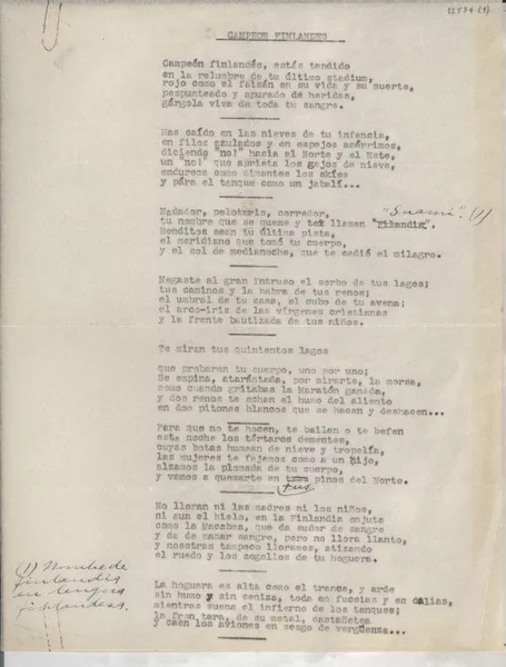 Campeón finlandés  [manuscrito] Gabriela Mistral.