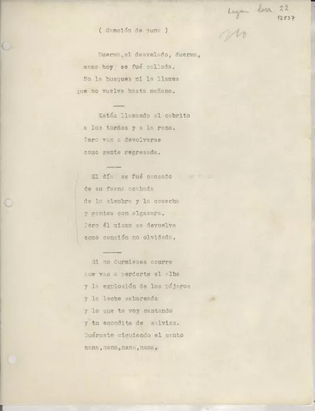 Canción de cuna  [manuscrito] [Gabriela Mistral].