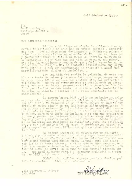 [Carta] 1953 dic. 2, Cali, Colombia [a] Lucila Godoy A., Santiago, Chile  [manuscrito] Luz López de Perea.
