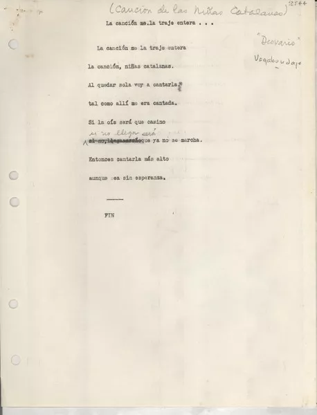 Canción de las niñas catalanas  [manuscrito] [Gabriela Mistral].