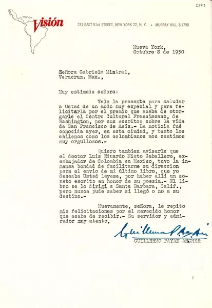 [Carta] 1950 oct. 8, Nueva York [a] Gabriela Mistral, Veracruz, México  [manuscrito] Guillermo Payan Archér.