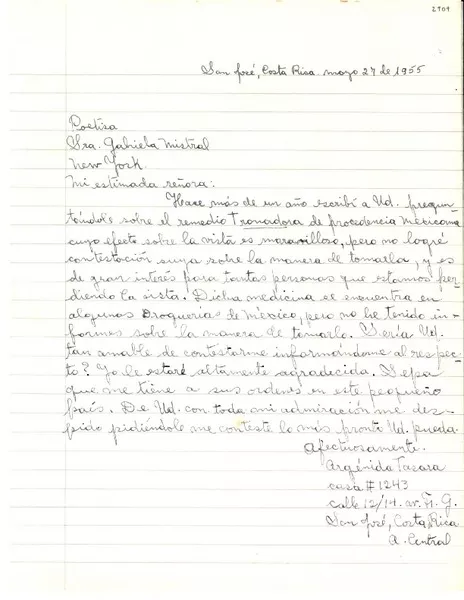[Carta] 1953 jun. 2, San José, Costa Rica [a] Gabriela Mistral, New York  [manuscrito] Argénida Tasara G.