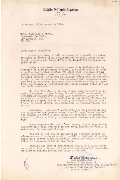 [Carta] 1946 mar. 26, La Habana, Cuba [a] Gabriela Mistral, Consulado de Chile, Los Angeles, Cal., [EE.UU.]  [manuscrito] Matilde Manzano.