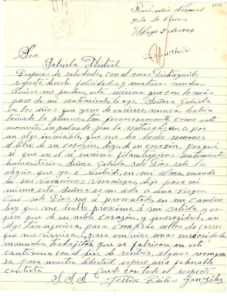 [Carta] 1947 mayo. 2, [Cuba] [a] Gabriela Mistral  [manuscrito] Félix Zieler González.
