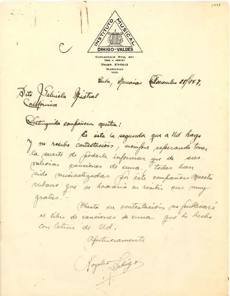[Carta] 1947 dic. 28, Marianao, Cuba [a] Gabriela Mistral, California  [manuscrito] Rogelio Dihigo Hernández.