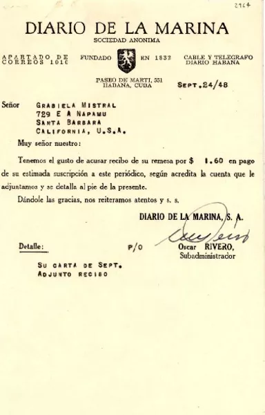 [Carta] 1948 sept. 24, La Habana, Cuba [a] Gabriela Mistral, Santa Bárbara, California  [manuscrito] Oscar Rivero.