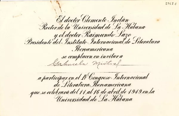 [Tarjeta] 1949, La Habana [a] Gabriela Mistral  [manuscrito] Clemente Inclán y Raimundo Lazo.