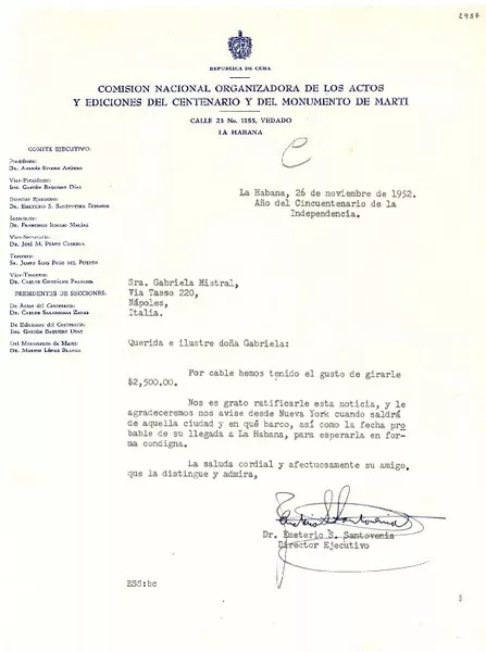 [Carta] 1952 nov. 26, La Habana, Cuba [a] Gabriela Mistral, Nápoles, Italia  [manuscrito] Emeterio S. Santovenia.