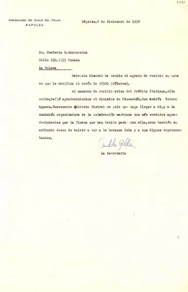 [Carta] 1952 dic. 4, Nápoles, Italia [a] Emeterio S. Santovenia, La Habana, Cuba  [manuscrito] Gilda Péndola.