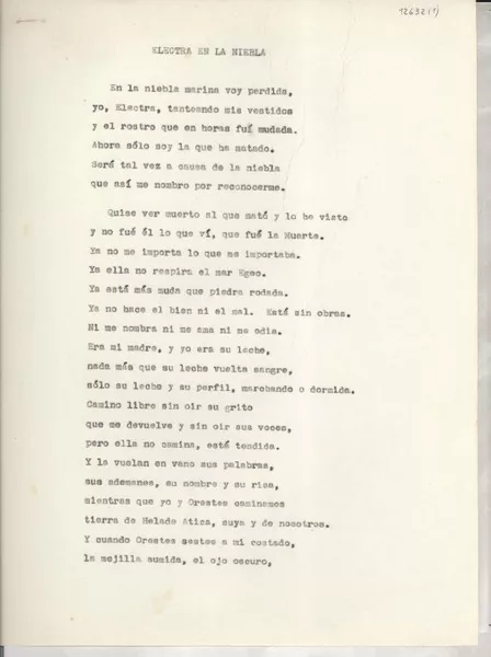 Electra en la niebla  [manuscrito] [Gabriela Mistral].