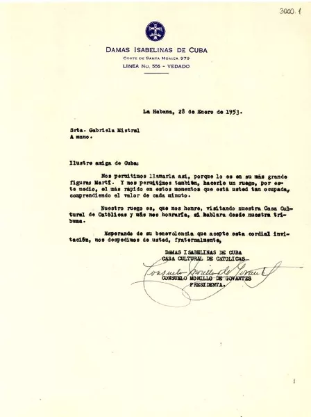 [Carta] 1953 ene. 28, La Habana, Cuba [a] Gabriela Mistral  [manuscrito] Consuelo Morillo de Govantes.