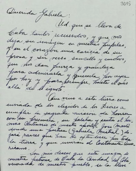 [Carta] 1953 feb. 4, La Habana, Cuba [a] Gabriela Mistral  [manuscrito] Nattacha D'Angello.