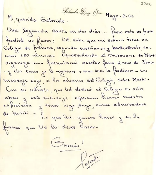 [Carta] 1953 mayo. 2, La Habana [a] Gabriela Mistral  [manuscrito] Salvador Díaz Ossa.