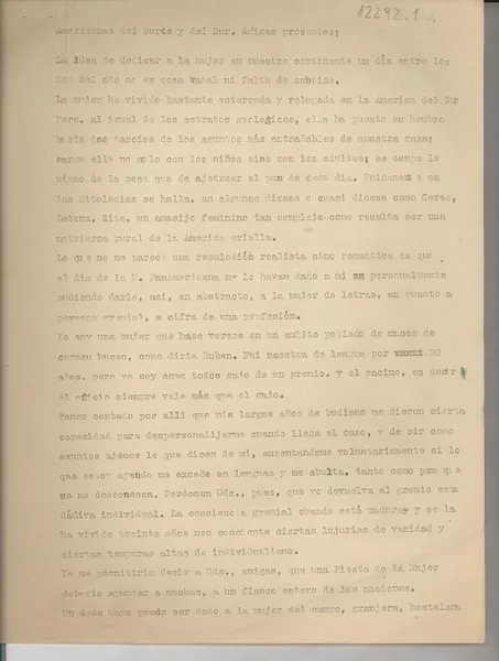 Americanas del norte y del sur  [manuscrito] Gabriela Mistral.