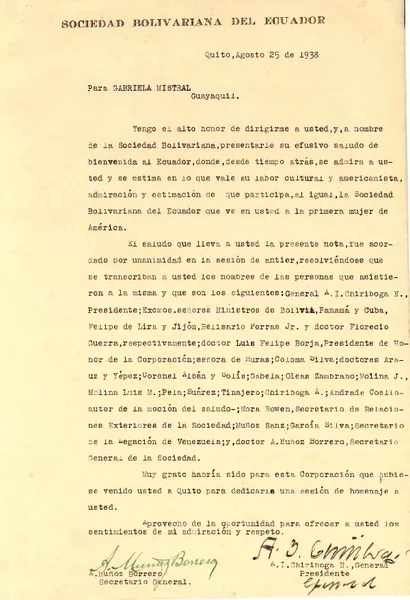 [Carta] 1938 ago. 25, Quito, Ecuador [a] Gabriela Mistral, Guayaquil  [manuscrito] Sociedad Bolivariana del Ecuador.