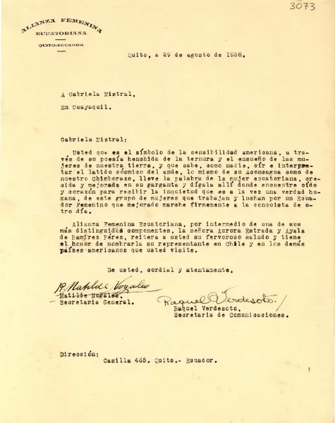 [Carta] 1938 ago. 29, Quito [a] Gabriela Mistral, Guayaquil  [manuscrito] Matilde Nogales.