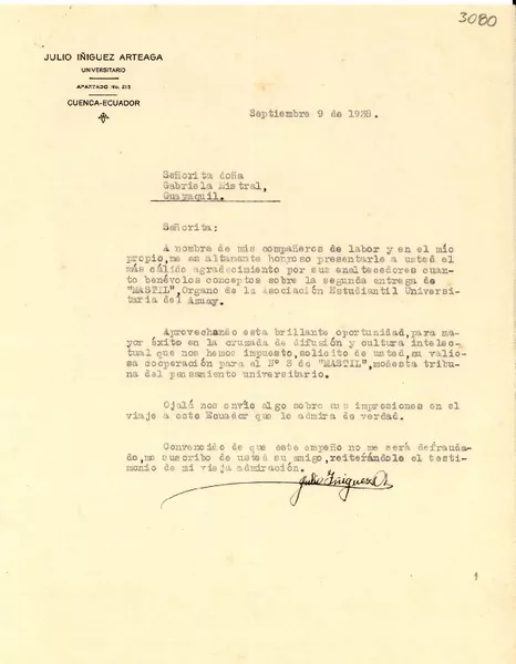 [Carta] 1938 sept. 9, Cuenca, Ecuador [a] Gabriela Mistral, Guayaquil  [manuscrito] Julio Iñiguez Arteaga.