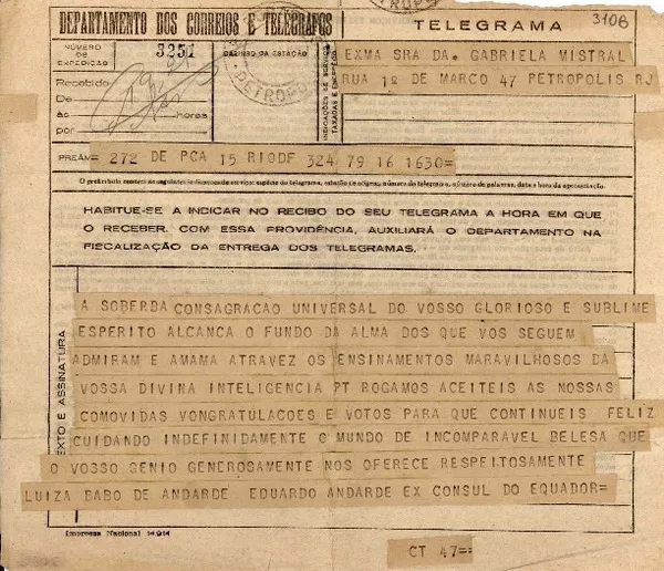 [Telegrama] 1945 nov. 16, Río [de Janeiro, Brasil] [a] Gabriela Mistral, Petrópolis  [manuscrito] Luiza Babo de Andarde y Eduardo Andarde.