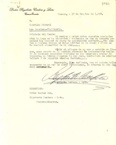 [Carta] 1950 oct. 18, Cuenca, Ecuador [a] Gabriela Mistral, Los Angeles, California, [Estados Unidos]  [manuscrito] Rigoberto Cordero y León.