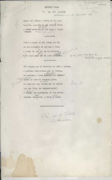 Mujeres locas : La que aguarda [manuscrito] [Gabriela Mistral].